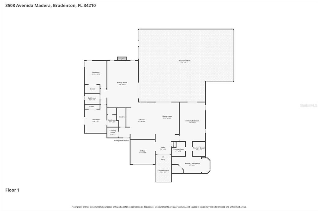 This is a floor plan for a single-story house with a large screened patio — 3508 AVENIDA MADERA, BRADENTON, FL