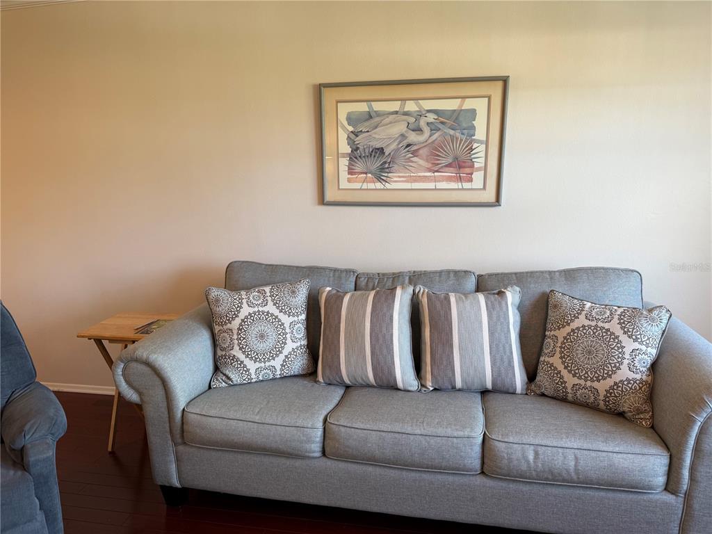 A gray sofa with patterned and striped throw pillows sits against a wall with artwork — 1706 BELLEAIR FOREST DRIVE UNIT 226, BELLEAIR, FL