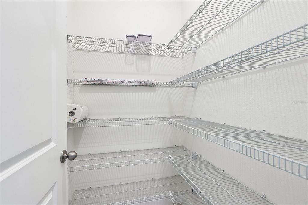 A walk-in pantry features white walls and multiple levels of white wire shelving — 327 MANGROVE MANOR DRIVE, APOLLO BEACH, FL