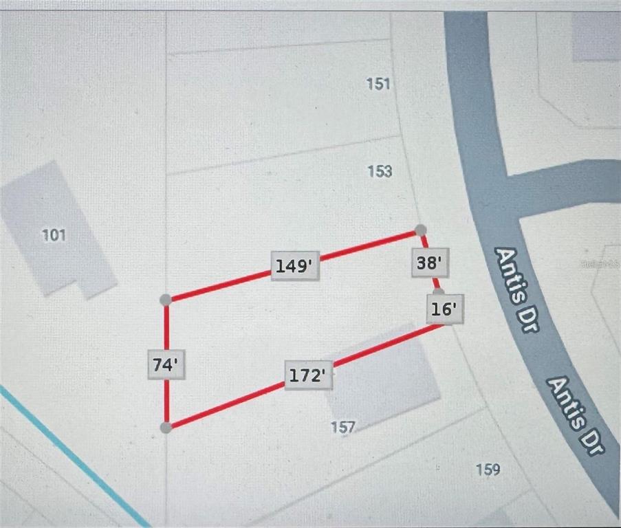 This is a property map showing the dimensions of a land parcel along a street — 155 ANTIS DRIVE, ROTONDA WEST, FL