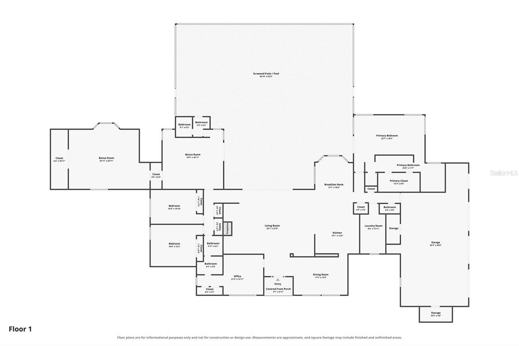 This is a floor plan for a single-story house with a large screened patio and pool — 5950 SW 21ST AVENUE ROAD, OCALA, FL