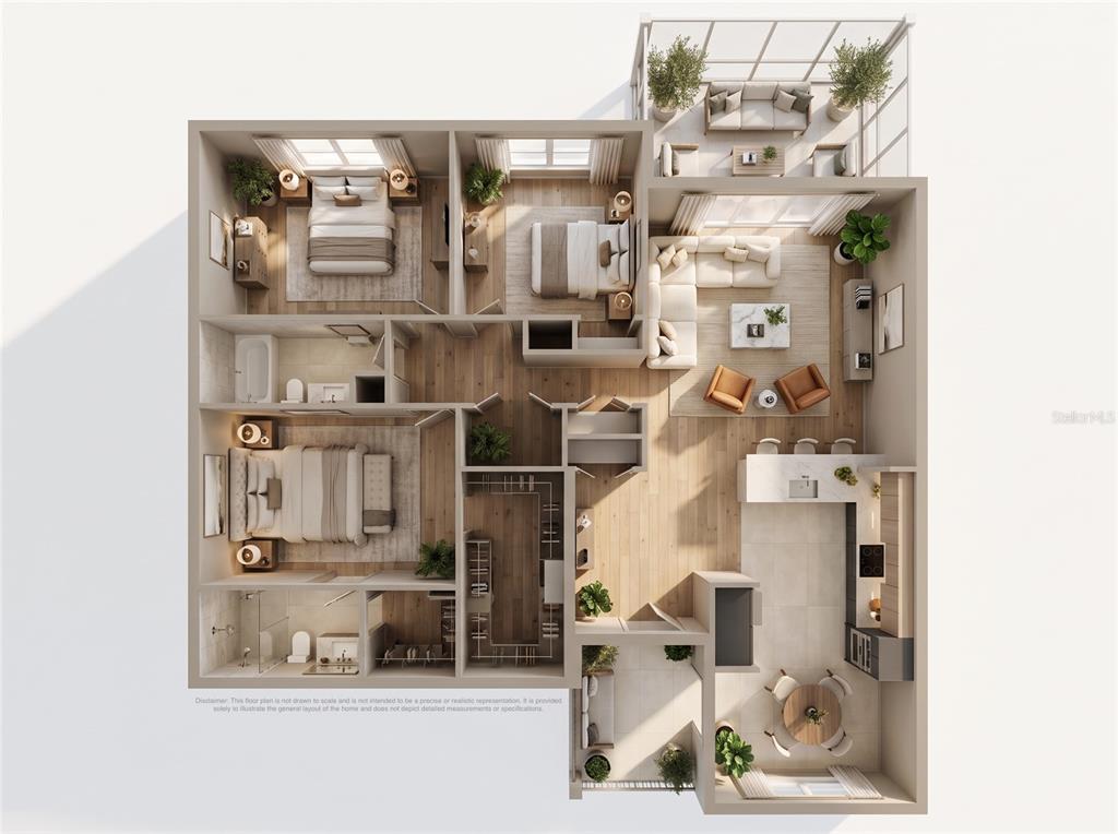 This 3D floor plan rendering shows a three-bedroom apartment with an open-concept living area — 1107 COVINGTON STREET, OVIEDO, FL