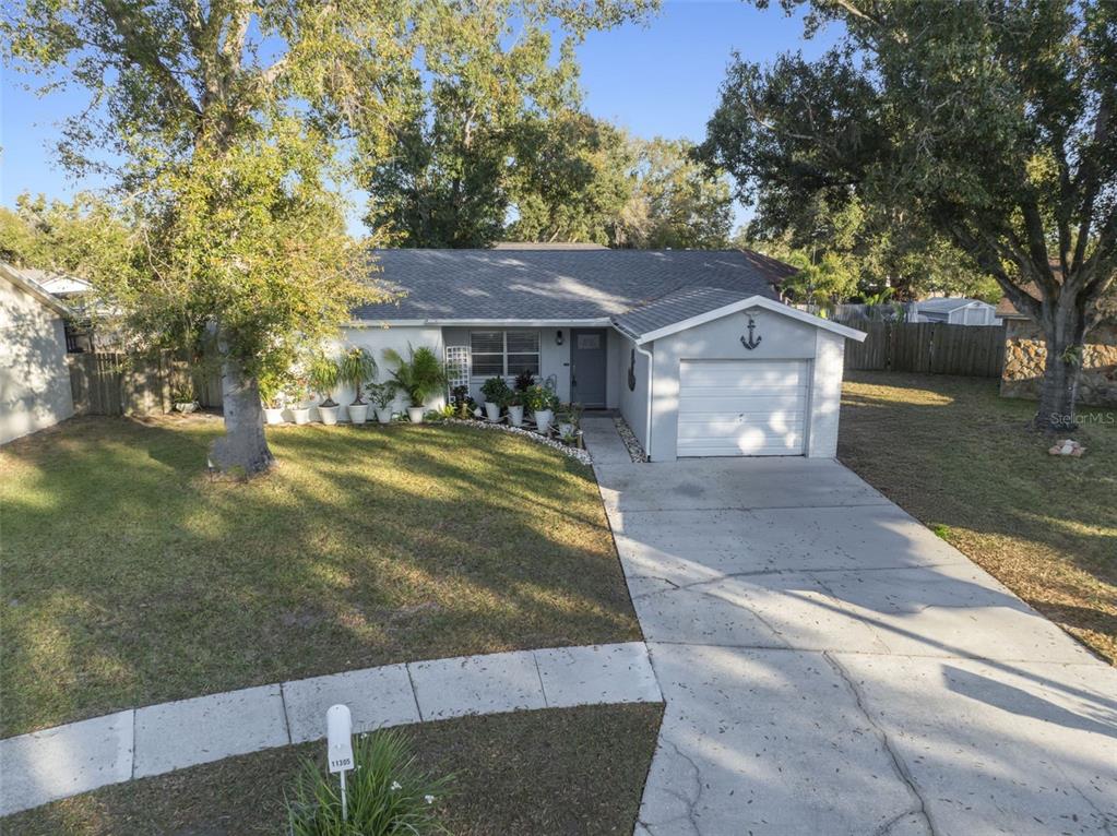 A single-story house with a white exterior, a garage, and a front lawn with trees — 11305 SILVERLEAF COURT, RIVERVIEW, FL