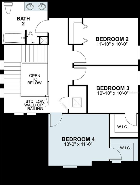 This is a floor plan of a residential second story featuring three bedrooms and one bathroom — 3303 FALL HARVEST DRIVE, ZEPHYRHILLS, FL