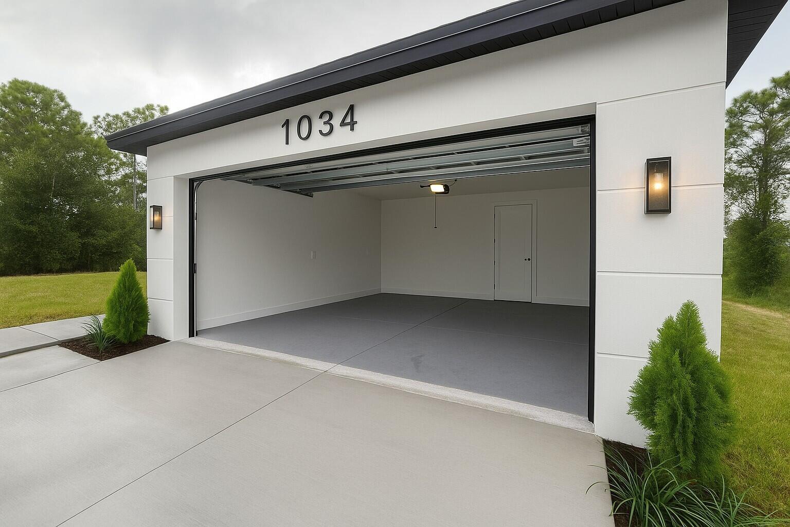 An open garage with a gray floor, white walls, and exterior wall-mounted lighting — 1034 E Alcalde St Street E, Lehigh Acres FL 33974, LEHIGH ACRES, FL