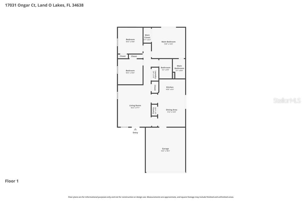 This is a floor plan showing the layout of a single-story residential home — 17031 ONGAR COURT, LAND O LAKES, FL
