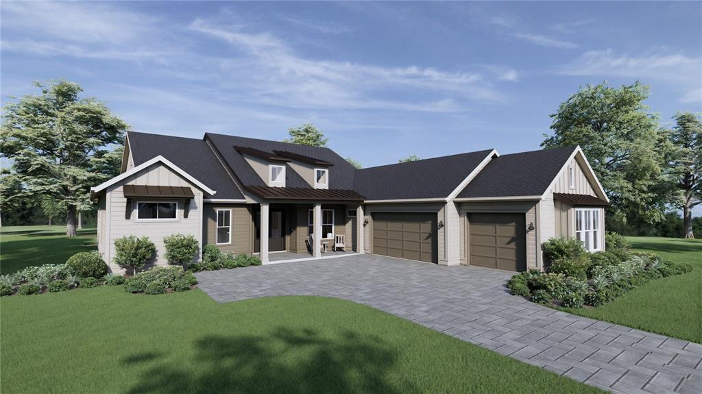 This is a rendering of a modern farmhouse with a paved driveway and attached garage — 6023 SW 124TH WAY, ARCHER, FL