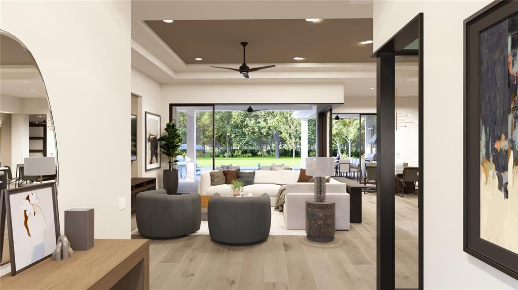 This rendering shows a modern open-concept living room with a tray ceiling and sliding glass doors — 6023 SW 124TH WAY, ARCHER, FL