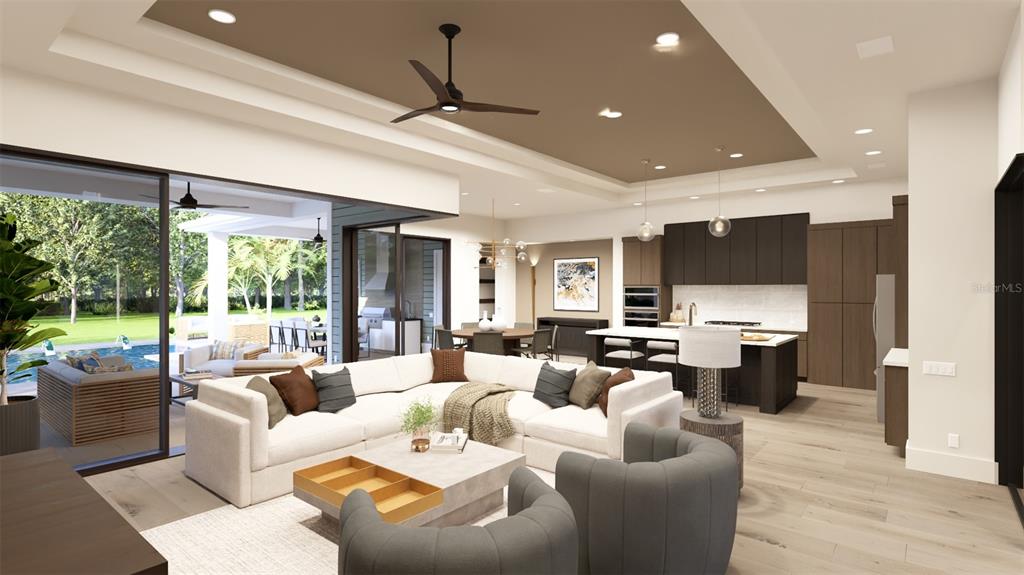 This rendering shows an open-concept living room and kitchen with modern finishes and outdoor access — 6023 SW 124TH WAY, ARCHER, FL
