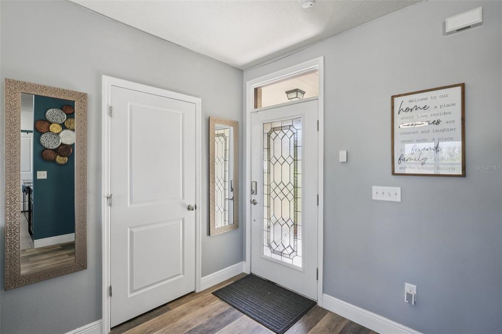 An entryway features gray walls, wood-look flooring, a white front door, and two wall mirrors — 11168 LELAND GROVES DRIVE, RIVERVIEW, FL