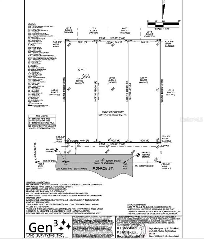 This is a land survey map showing the boundaries and dimensions of three adjacent lots — 27119 MONROE STREET, PUNTA GORDA, FL