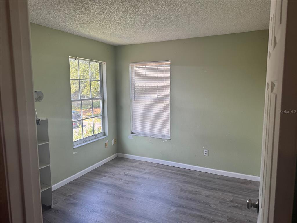 An empty bedroom with sage green walls, gray wood-look flooring, and two windows — 2231 BLUE SAPPHIRE CIRCLE, ORLANDO, FL
