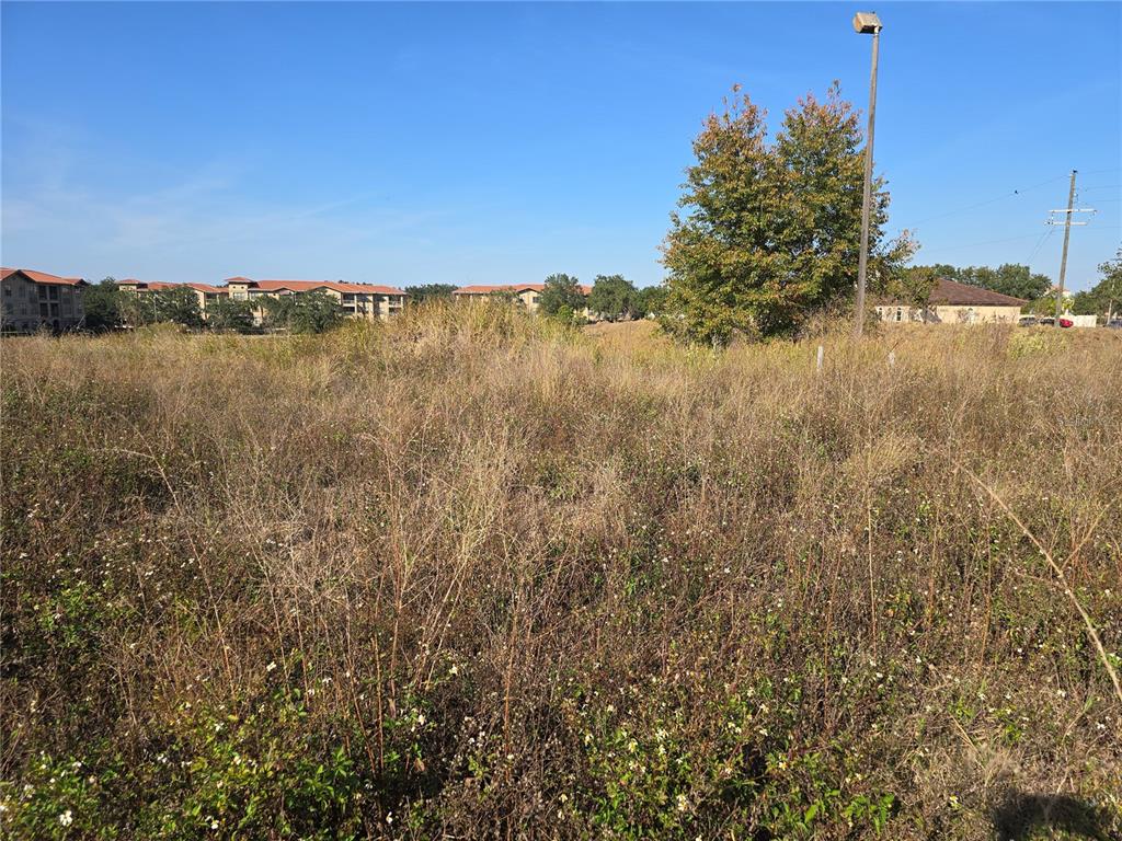 A vacant, overgrown grassy lot with a utility pole and distant apartment buildings — 811 RETREAT BOULEVARD UNIT 201, DAVENPORT, FL