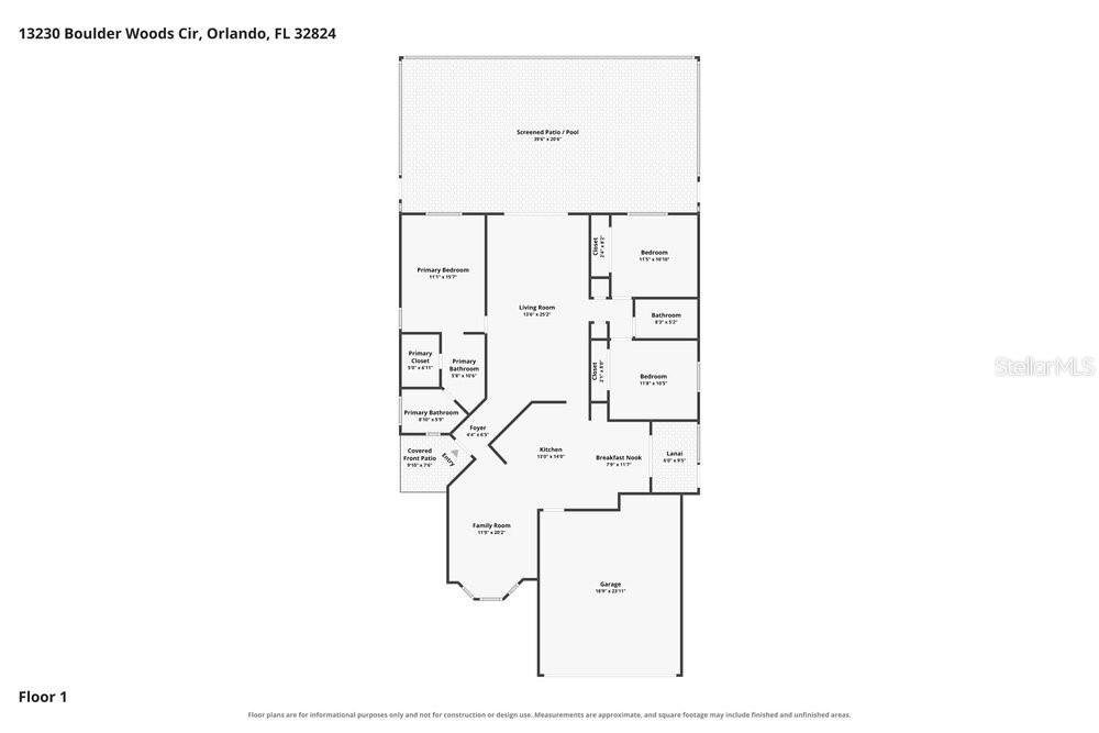 This is a floor plan for a single-story residential home with a pool and garage — 13230 BOULDER WOODS CIRCLE, ORLANDO, FL