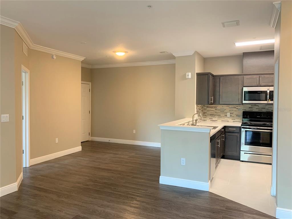 An open-concept kitchen with dark cabinets and stainless steel appliances overlooks a living area — 5617 LEGACY CRESCENT PLACE UNIT 201, RIVERVIEW, FL