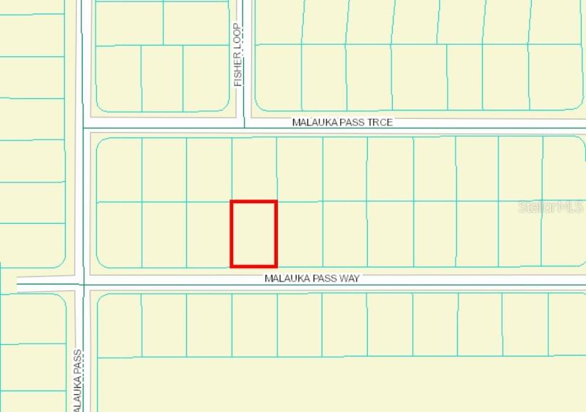 This is a map showing a rectangular property lot highlighted in red along a street — 0 MALAUKA PASS WAY, OCKLAWAHA, FL