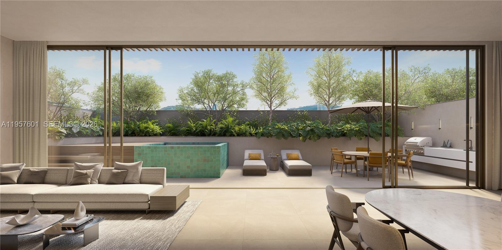 This rendering shows a modern living room opening to a patio with a pool — 1880 Brickell Avenue # 06, Miami FL 33129, MIAMI, FL