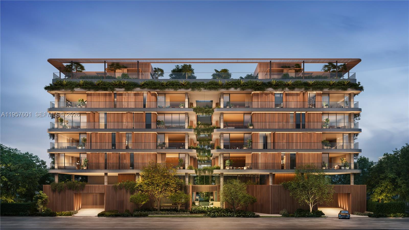 This is a rendering of a modern multi-story residential building with wood-slatted facades and greenery — 1880 Brickell Avenue # 06, Miami FL 33129, MIAMI, FL