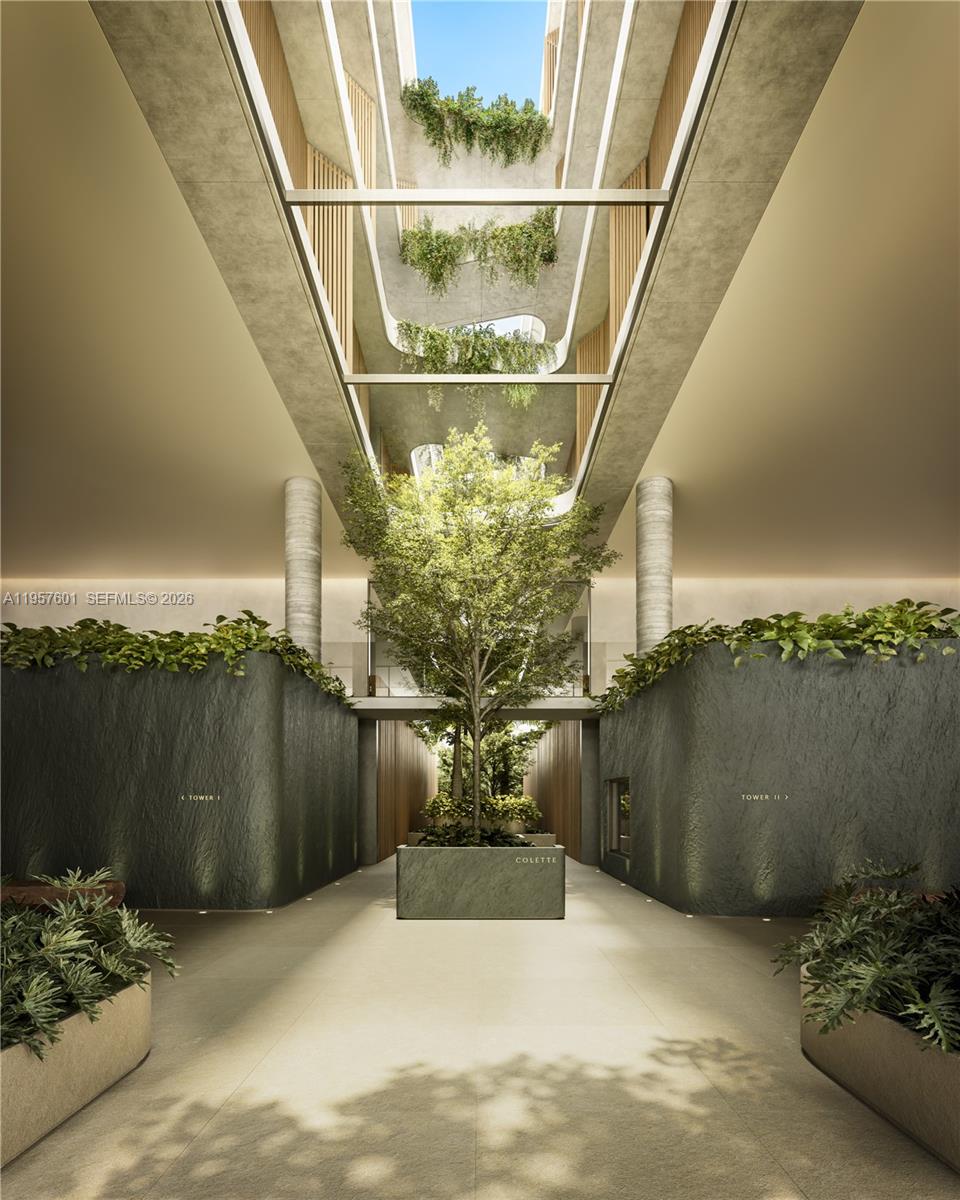 This rendering shows an open-air atrium with a central tree, stone planters, and hanging greenery — 1880 Brickell Avenue # 06, Miami FL 33129, MIAMI, FL
