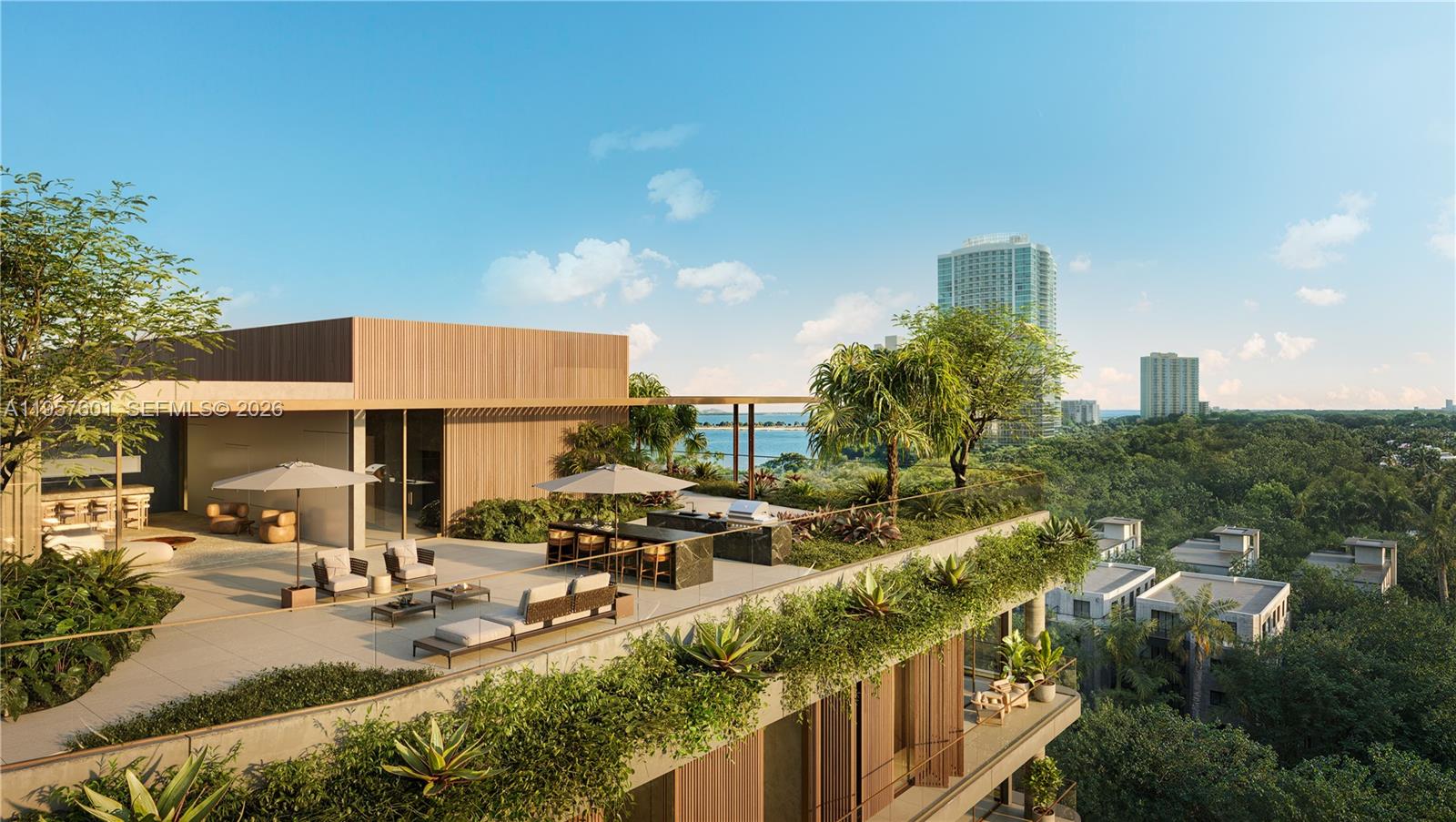 This architectural rendering shows a modern rooftop terrace with outdoor seating, a kitchen, and landscaping — 1880 Brickell Avenue # 06, Miami FL 33129, MIAMI, FL