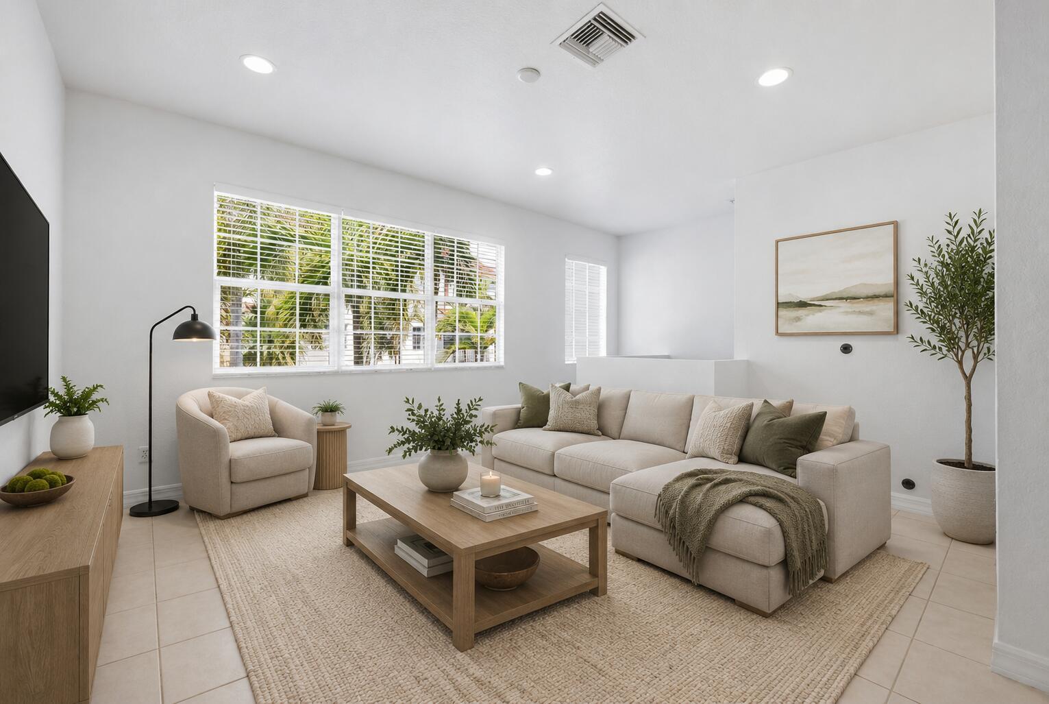 A bright living room features a beige sectional sofa, an armchair, and a wooden coffee table — 107 Ocean Cay Way, Hypoluxo FL 33462, HYPOLUXO, FL