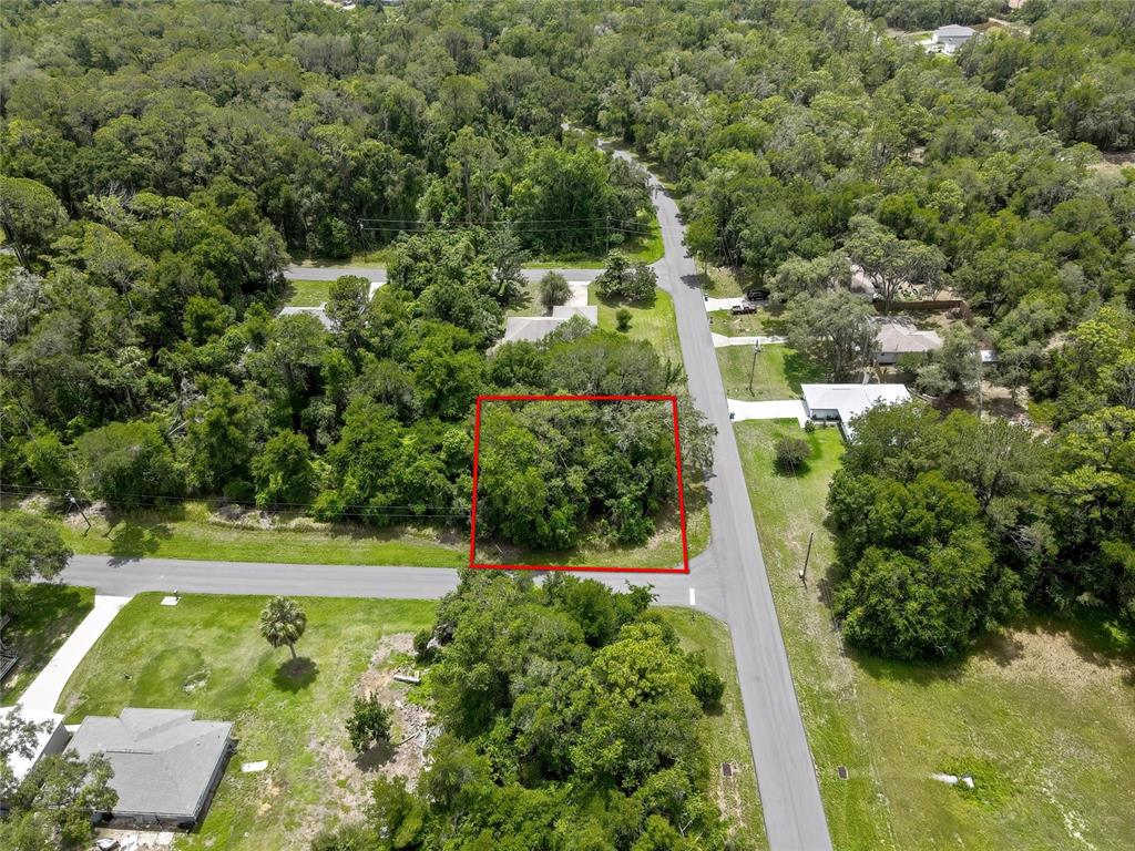 An aerial view shows a vacant, wooded lot outlined in red at a street corner — 1074 W MAXIMILIAN PLACE, CITRUS SPRINGS, FL