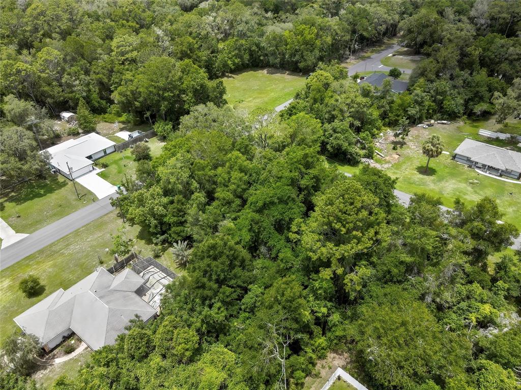 An aerial view shows a wooded lot situated between several residential houses and a road — 1074 W MAXIMILIAN PLACE, CITRUS SPRINGS, FL