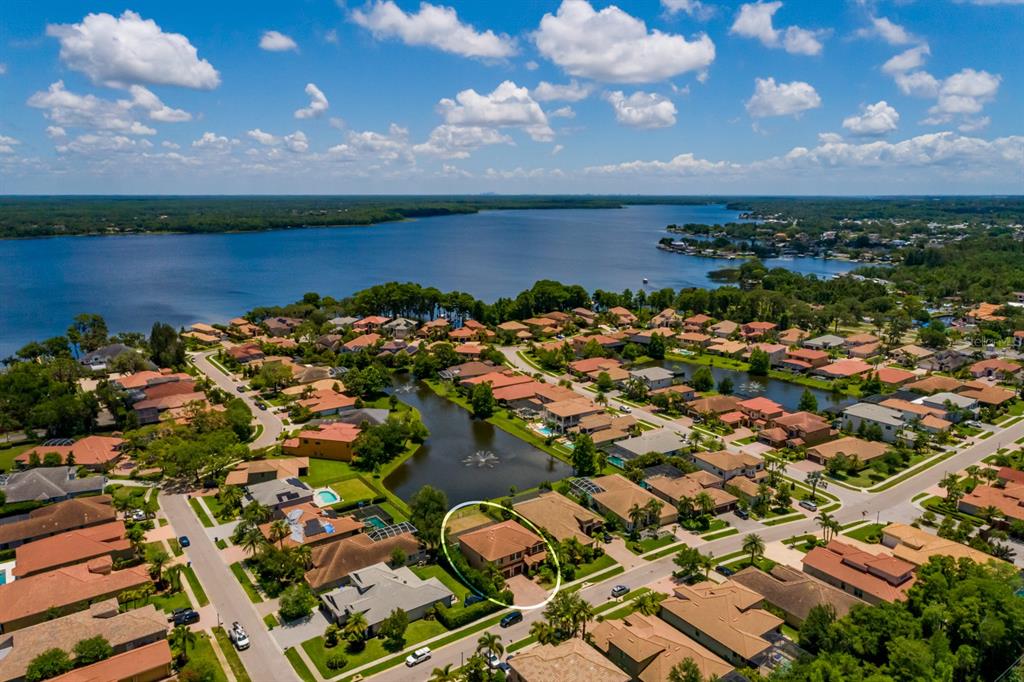 An aerial view shows a suburban neighborhood with a lake and a circled residential house — 4611 GRAND PRESERVE PLACE, PALM HARBOR, FL