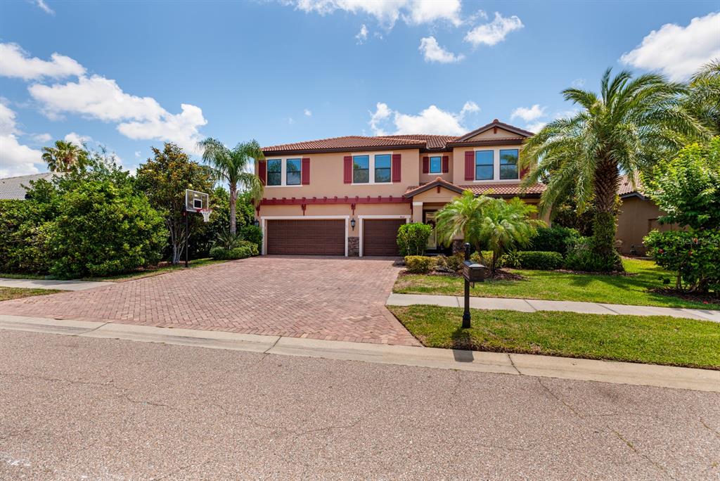 A two-story house with a brick driveway, two garage doors, and palm trees in front — 4611 GRAND PRESERVE PLACE, PALM HARBOR, FL