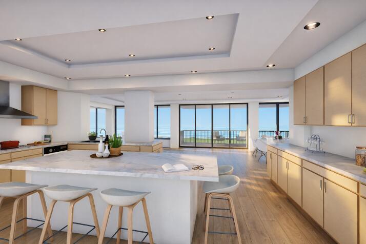 This rendering shows a modern kitchen with light wood cabinets, a marble island, and ocean views — 1225 S Ocean Boulevard # 306, Delray Beach FL 33483, DELRAY BEACH, FL