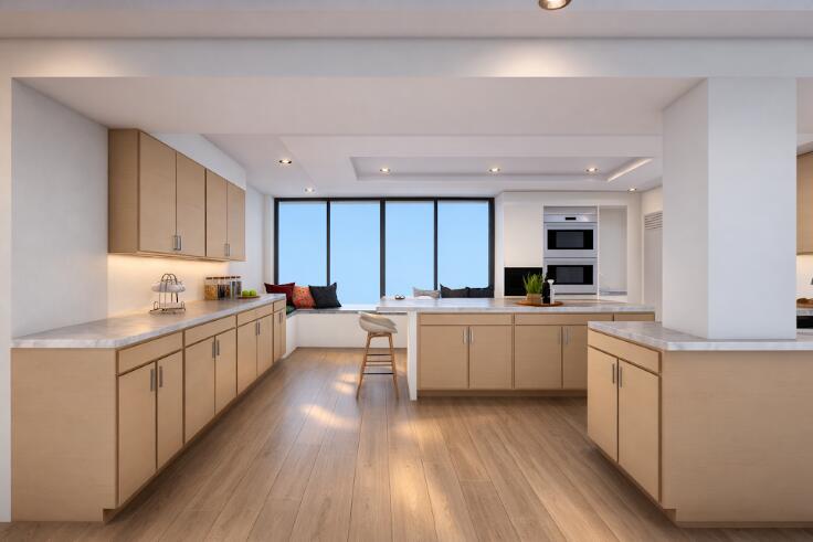 This is a rendering of a modern kitchen with light wood cabinets and marble countertops — 1225 S Ocean Boulevard # 306, Delray Beach FL 33483, DELRAY BEACH, FL