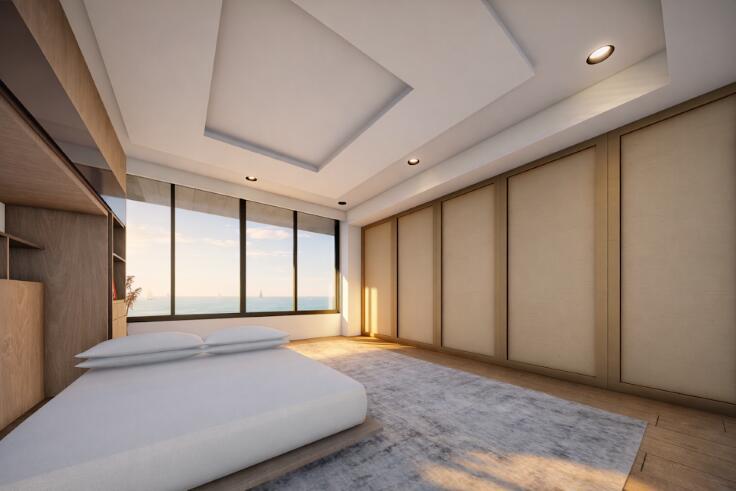 This rendering shows a modern bedroom with a platform bed, large windows, and built-in wardrobes — 1225 S Ocean Boulevard # 306, Delray Beach FL 33483, DELRAY BEACH, FL