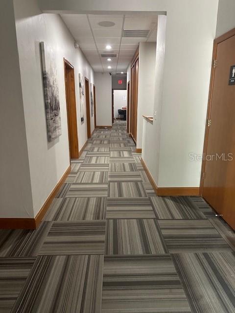 A long hallway features striped carpet flooring, wooden door frames, and white walls — 4965 SW 91ST TERRACE, GAINESVILLE, FL