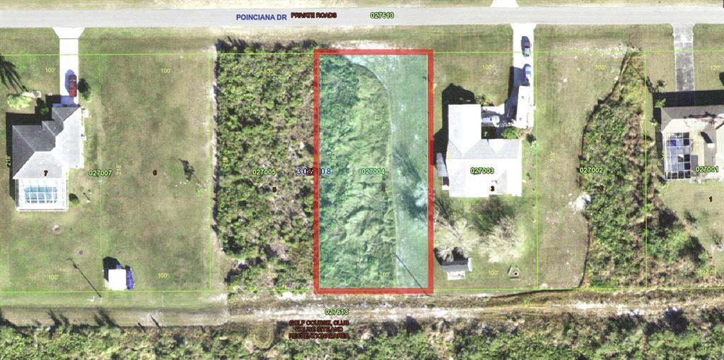 This aerial map shows a vacant, rectangular residential lot highlighted in red between two houses — 7 POINCIANA DRIVE, INDIAN LAKE ESTATES, FL