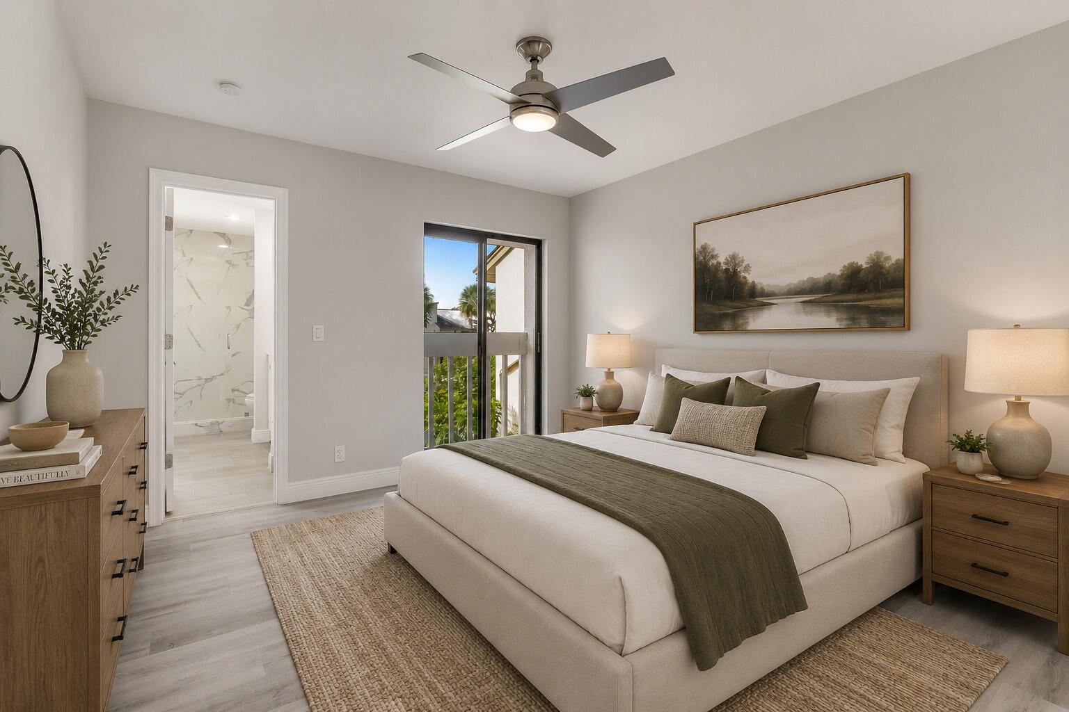 A bedroom features a bed with olive green accents, a ceiling fan, and an attached bathroom — 22874 Ironwedge Drive, Boca Raton FL 33433, BOCA RATON, FL