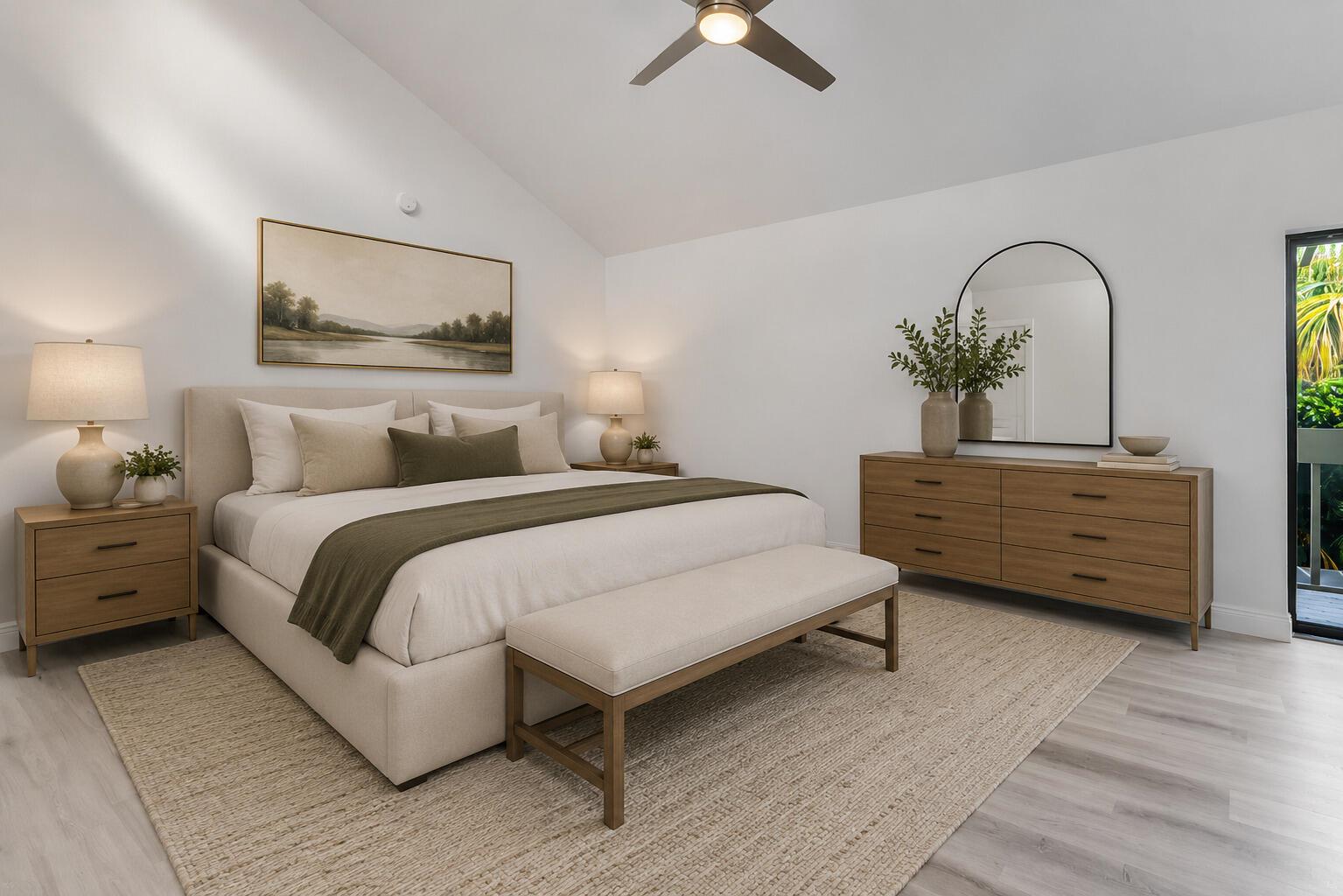 A bedroom features a king bed, wooden furniture, a vaulted ceiling, and a sliding glass door — 22874 Ironwedge Drive, Boca Raton FL 33433, BOCA RATON, FL