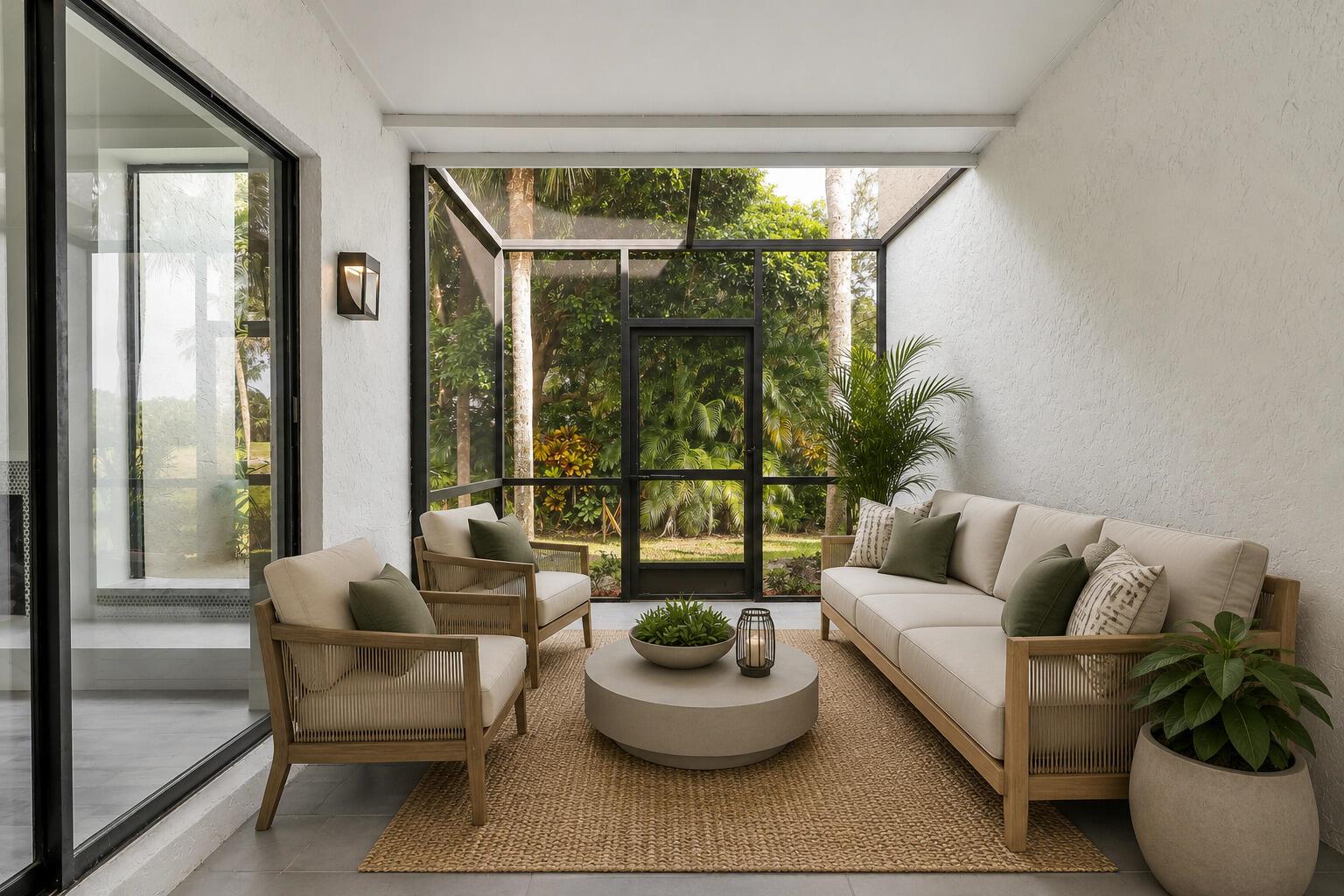 A screened-in patio features a beige sofa, two armchairs, a round coffee table, and greenery — 22874 Ironwedge Drive, Boca Raton FL 33433, BOCA RATON, FL