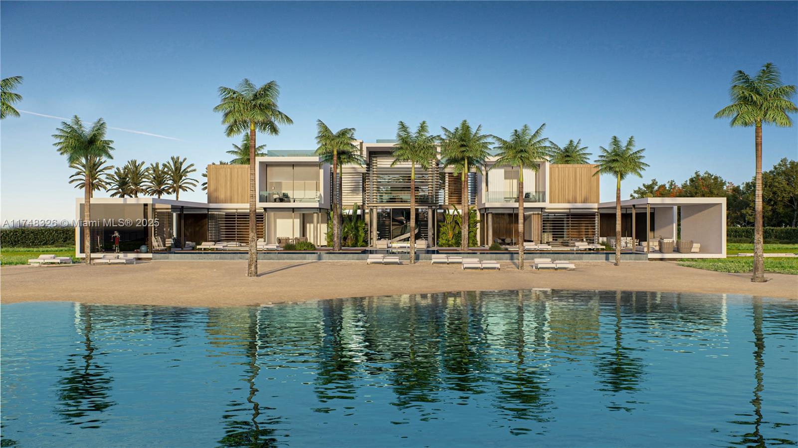 This is a rendering of a modern luxury mansion with a pool facing a beach — 4730 Akai Dr, Southwest Ranches FL 33332, SOUTHWEST RANCHES, FL
