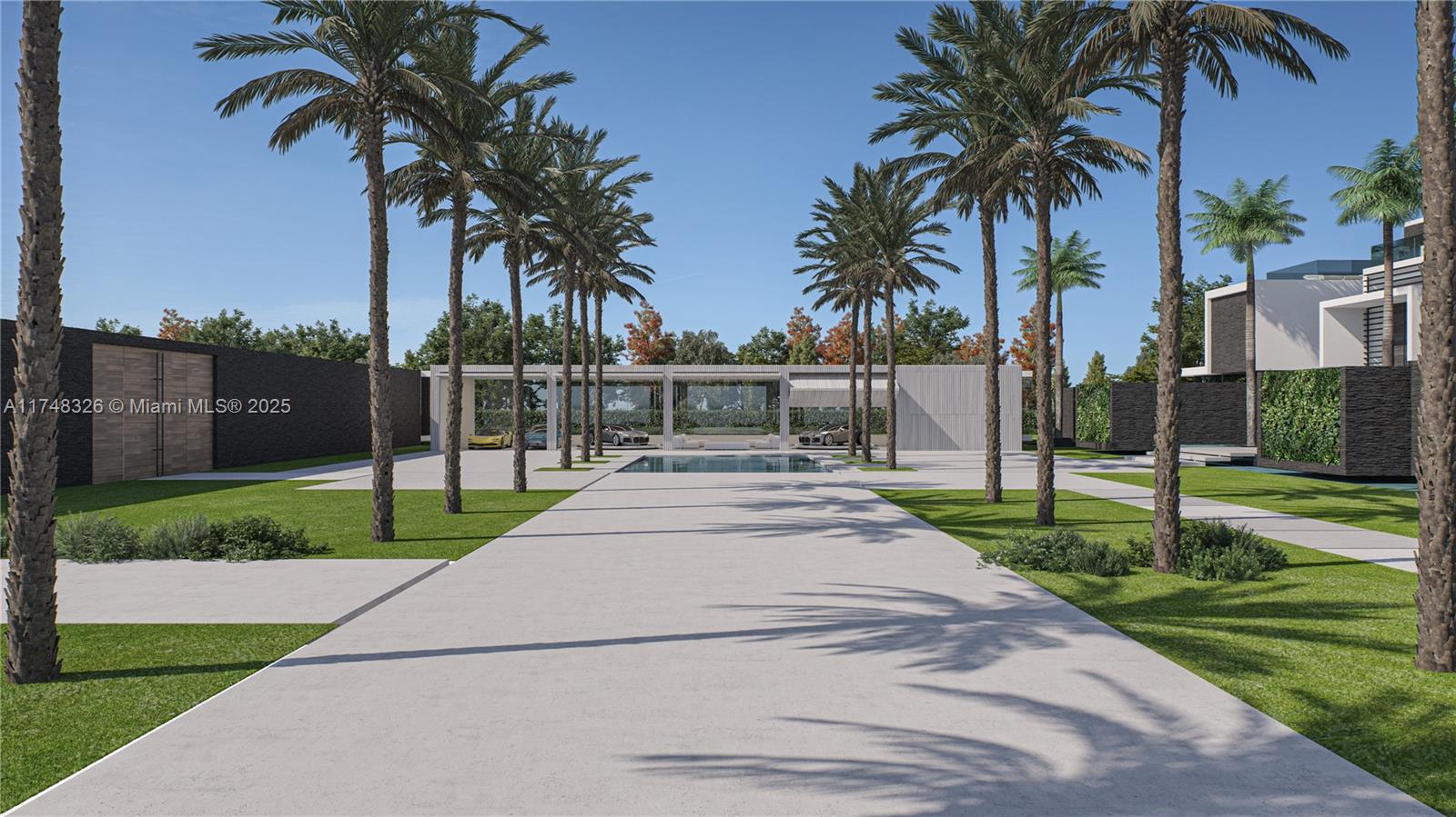 This is a rendering of a modern estate exterior featuring a pool and palm trees — 4730 Akai Dr, Southwest Ranches FL 33332, SOUTHWEST RANCHES, FL