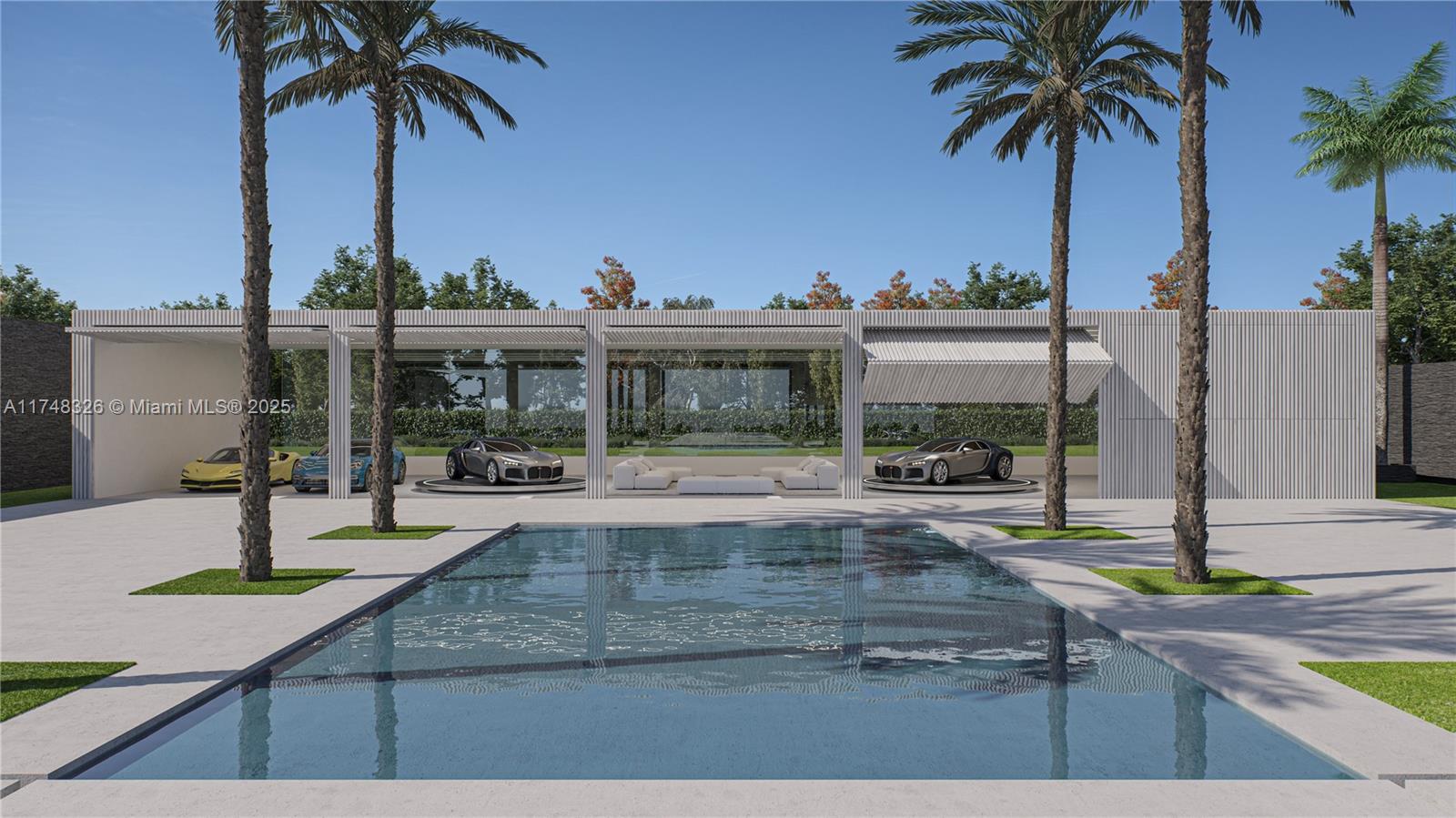 This architectural rendering shows a modern home exterior with a swimming pool and car gallery — 4730 Akai Dr, Southwest Ranches FL 33332, SOUTHWEST RANCHES, FL