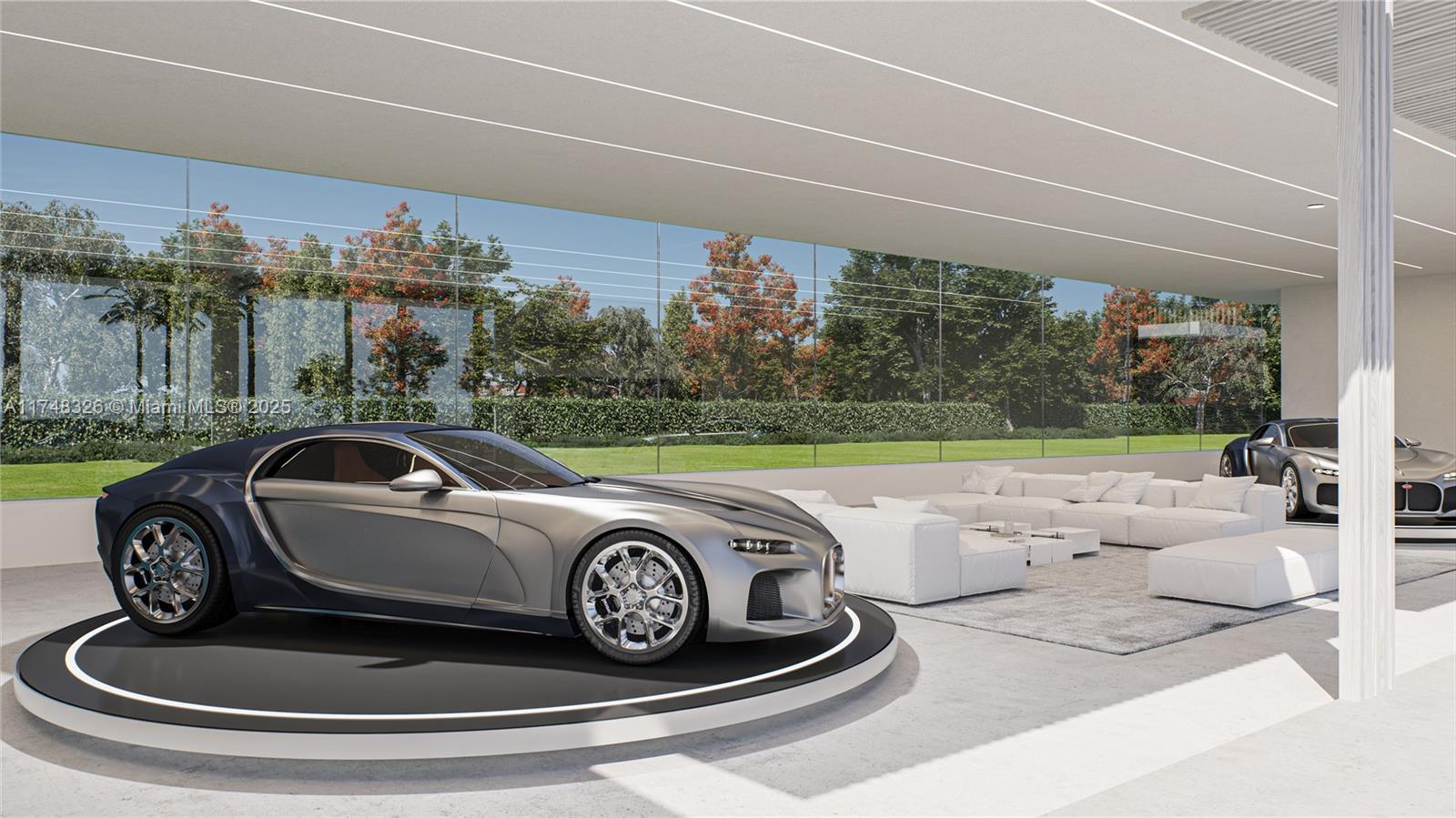 This rendering shows a modern garage living space featuring two luxury cars and white furniture — 4730 Akai Dr, Southwest Ranches FL 33332, SOUTHWEST RANCHES, FL