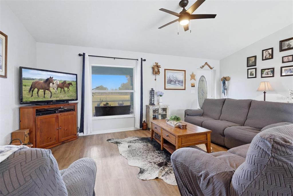 A living room features wood-look flooring, a cowhide rug, a television, and gray furniture — 13105 MJ ROAD, MYAKKA CITY, FL