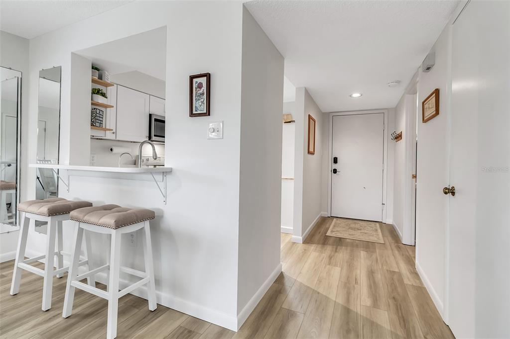 A kitchen pass-through with bar seating overlooks a hallway leading to an entryway door — 5224 LAKE VILLAGE DRIVE UNIT 67, SARASOTA, FL