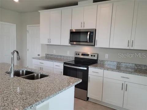 A kitchen features white cabinets, granite countertops, a stainless steel microwave, and a double sink — 4031 PUCOLO WAY, DAVENPORT, FL