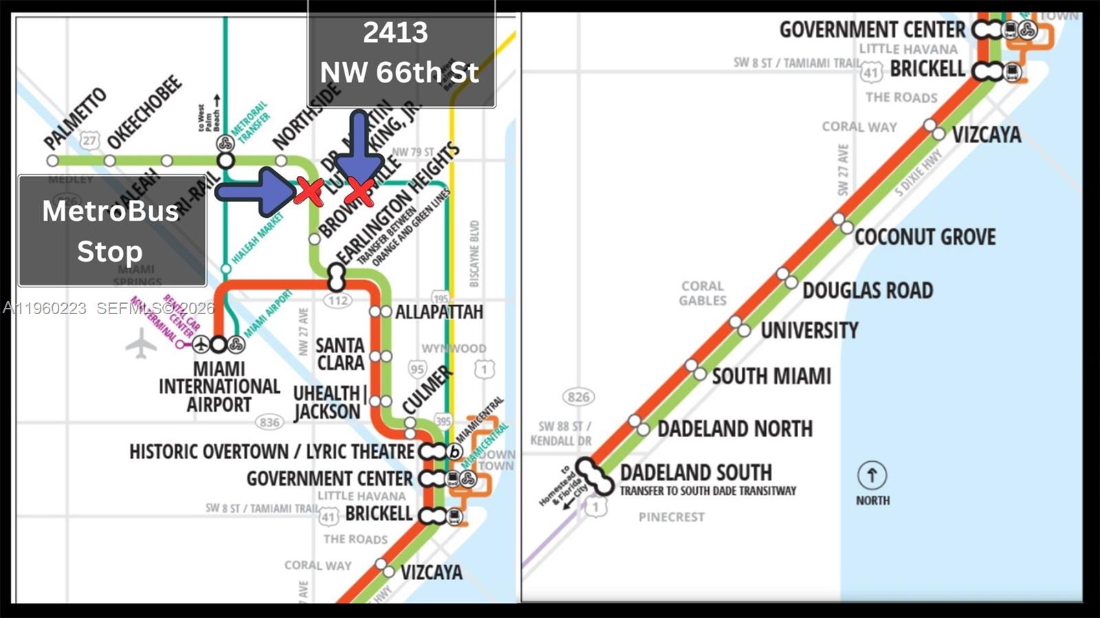 This is a map showing the Miami Metrorail transit lines and nearby station locations — 2413 NW 66th St, Miami FL 33147, MIAMI, FL