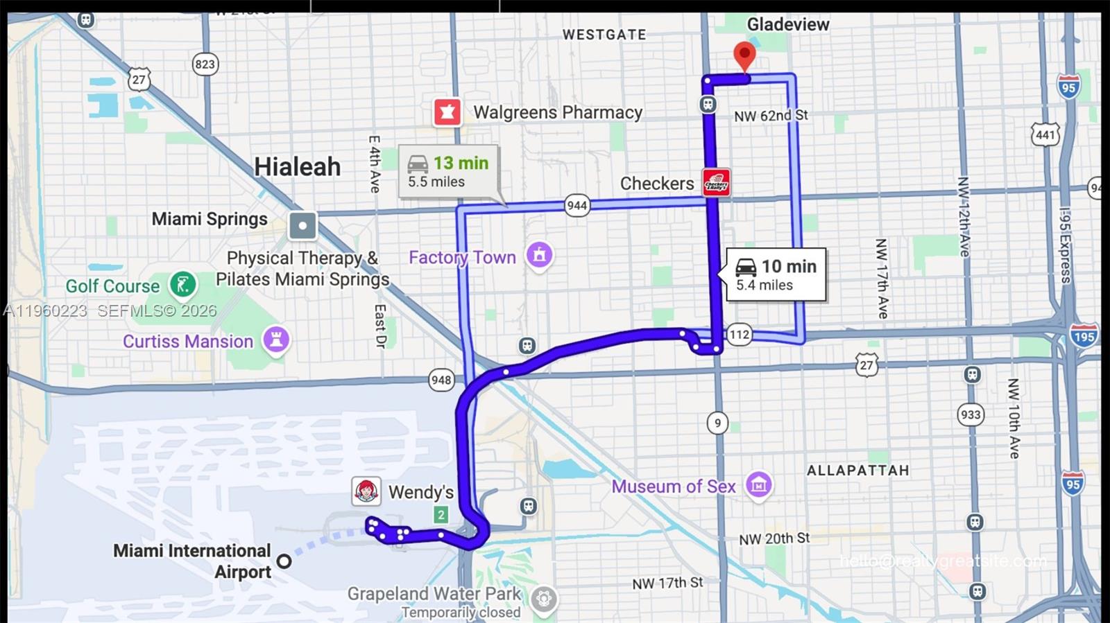 This is a map showing two driving routes between a Wendy's and a red pin — 2413 NW 66th St, Miami FL 33147, MIAMI, FL