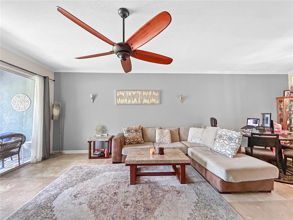 A living room features a sectional sofa, a patterned area rug, and a ceiling fan — 18141 NASSAU POINT DRIVE, TAMPA, FL