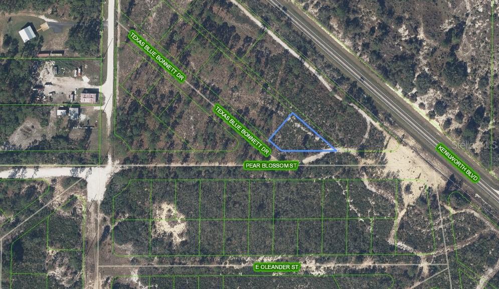 An aerial map shows a triangular plot of land located at a road intersection — 6115 PEAR BLOSSOM STREET, SEBRING, FL