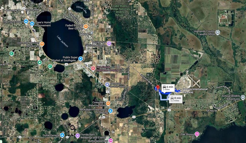This is a satellite map showing the area surrounding Sebring International Raceway in Florida — 6115 PEAR BLOSSOM STREET, SEBRING, FL