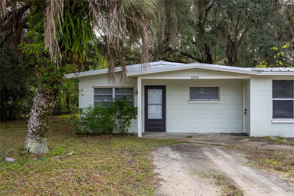 A single-story house with white siding, a metal roof, and a palm tree in front — 1503 SE 28TH PLACE, GAINESVILLE, FL